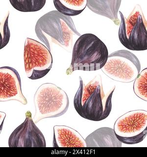 Conception de bordure de fruit d'aquarelle avec des figues et des feuilles sur fond blanc. Motif horizontal sans couture. Banque D'Images