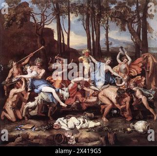 POUSSIN, Nicolas (né en 1594, les Andelys, mort en 1665, Rome) le Triomphe de Pan 1636 huile sur toile, 134 x 145 cm National Gallery, Londres le Triomphe de Pan est l'une des nombreuses peintures commandées à Poussin, en 1636, le principal artiste français à Rome, par le cardinal Richelieu. Ils étaient destinés à une chambre dans son château en Poitou qui abriterait également des tableaux mythologiques de Mantegna, Pérugin et Costa. Poussin doit avoir été informé de l'échelle non seulement des toiles mais aussi des figures, car bien qu'il n'ait jamais vu les peintures de la Renaissance, ses personnages sont à peu près de la même taille que th Banque D'Images