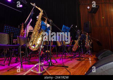 Un groupe de musiciens jouent des instruments sur scène. Les instruments comprennent un saxophone, un trombone et une trompette. Les musiciens sont debout Behi Banque D'Images