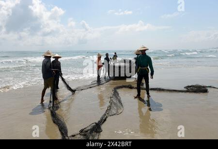 Pêcheurs vietnamiens tirant un grand filet de pêche de la plage de Da Nang, Vietnam. Banque D'Images