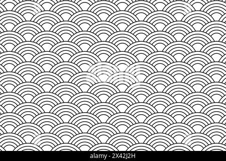 Fond de vagues de mer ou d'océan. Motif seigaiha asiatique traditionnel. Imprimé coquilles Saint-Jacques. Squama de poisson ou échelle de dragon. Ornement simple d'arcs géométriques noir et blanc. Illustration graphique vectorielle. Illustration de Vecteur