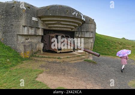 A view of the Longues-sur-Mer battery, a World War II German coastal artillery battery approximately 1 km (0.62 mi) north of the village of Longues-sur-Mer in Normandy, France, April 27, 2024. Normandy will forever be marked by the D-Day Landings and the Battle of Normandy that led to the liberation of France and Europe. 2024 will mark the 80th Anniversary of this historic event. On 6th June 1944, and during the long summer which followed, soldiers from the world over came to fight in Normandy to defeat Nazism and to re-establish freedom. Photo by Pascal Baril/ABACAPRESS.COM Stock Photo