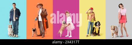 Ensemble de propriétaires avec leurs chiens mignons sur fond de couleur Banque D'Images