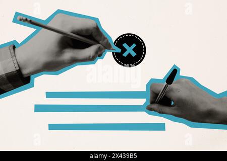 Croquis image composite tendance illustration collage photo de deux mains bras tenir dans le stylo doigt crayon marque d'écriture vérifier pas de texte de signature croisée Banque D'Images