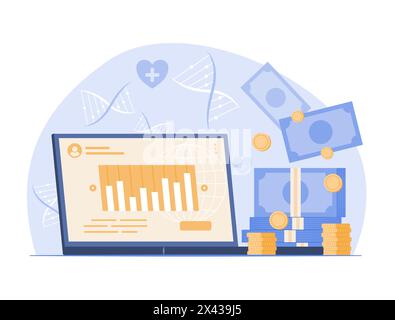 Investissement en ligne sur ordinateur portable avec pile d'argent pour la santé et l'industrie médicale illustration de concept d'investissement Illustration de Vecteur