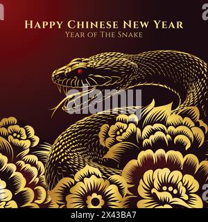 Serpent doré avec illustration de fleurs chinoises, signe du zodiaque de l'horoscope chinois, année du serpent 2025 Illustration de Vecteur