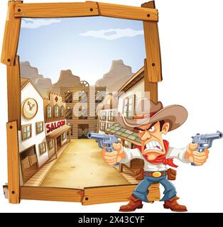 Cow-boy avec des fusils dans une ville occidentale de dessin animé Illustration de Vecteur