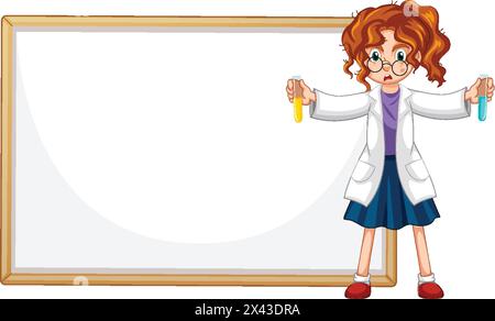 Cartoon Girl Scientist avec des tubes à essai et une planche. Illustration de Vecteur