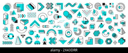 Memphis géométrique bleu forme un ensemble vectoriel, incarne des motifs audacieux et vibrants avec des éléments juxtaposés comme des zigzags, des squiggles, des arches et des triangles, des pyramides, des cubes ou des cylindres dans le style de conception des années 1980 Illustration de Vecteur