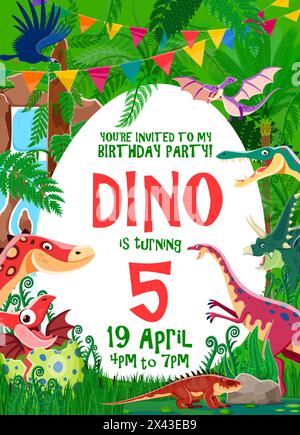 Flyer de fête d'anniversaire pour enfants avec des personnages drôles de dinosaures et fanion sur les arbres tropicaux. Affiche de célébration d'invitation vectorielle avec dinos de la période jurassique offrant du plaisir, des jeux et des aventures préhistoriques Illustration de Vecteur