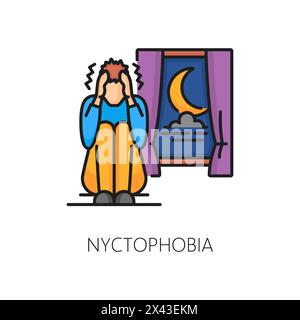 Problème de psychologie, phobie de nyctophobie, icône de couleur de contour d'anxiété mentale. Psychologie des gens peur, trouble mental ou symbole vectoriel de ligne mince d'anxiété. Icône linéaire de phobie avec l'homme effrayé de l'obscurité Illustration de Vecteur