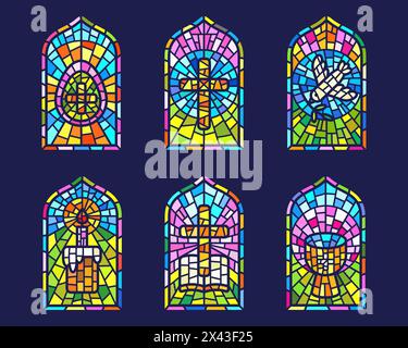 Vitraux d'église avec des symboles religieux de Pâques. Arcs en verre en mosaïque chrétienne sertis avec coupe de colombe croisée et oeuf Illustration de Vecteur