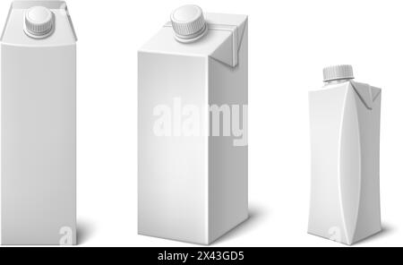 Maquettes de boîtes de carton de lait ou de jus isolées sur fond blanc. Illustration réaliste vectorielle de l'emballage en papier pour les boissons avec surface vierge pour la marque, grands et petits récipients avec des bouchons en plastique Illustration de Vecteur