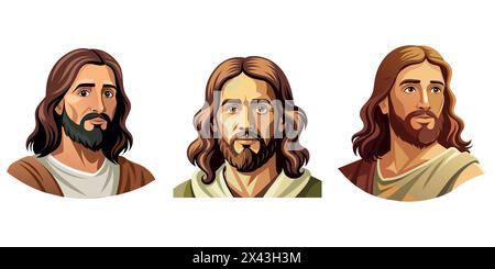 Jésus Christ, ensemble de portraits de dessins animés graphiques en couleur. Illustration de Vecteur