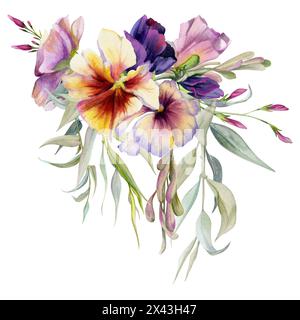 Illustration à l'aquarelle dessinée à la main fleurs botaniques feuilles. Alto pansy, graines de clés d'érable frêne, jasmin lobelia rose, eucalyptus saule. Bouquet Banque D'Images