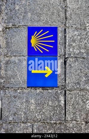 Espagne, Galice. Flèche jaune et coquille de palourde le long du Camino de Santiago (chemin de James) entre Lavacolla et Saint-Jacques-de-Compostelle Banque D'Images