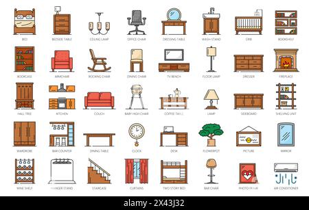 Icônes de meubles de couleur, intérieur de la maison et décoration de la chambre. Canapé de ligne mince de vecteur, chaise, lit et table, armoire, canapé, ensemble fauteuil et objets de bureau. Contour placard, miroir, bibliothèque, étagères et lampe Illustration de Vecteur