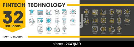 Technologie FinTech, blockchain et crypto-monnaie, icônes de ligne vectorielle. Icônes d'affaires bancaires et financières numériques du portefeuille bitcoin, du paiement d'argent en crypto-monnaie et de la technologie fintech en ligne Illustration de Vecteur