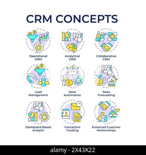 Les icônes de concept multicolores des types de système CRM Illustration de Vecteur