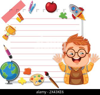 Garçon joyeux entouré d'articles éducatifs et de jouets. Illustration de Vecteur