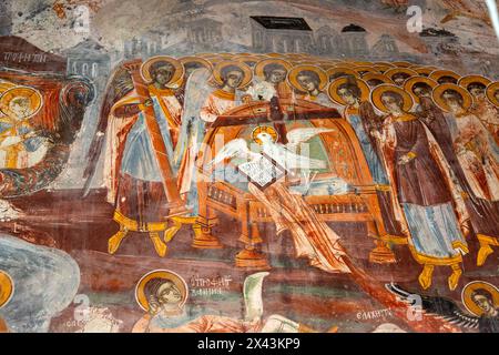 Murale religieuse à l'intérieur de l'église orthodoxe grecque de Sainte Marie, ou monastère de Panagia, Dhermi, Albanie Banque D'Images