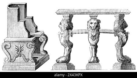 Chaise et table, meubles d'une riche maison romaine, Empire romain, Rome, Italie, illustration historique 1884 Banque D'Images