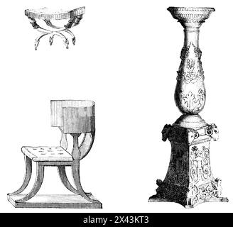 Tabouret, chaise et un candélabre richement décoré, meubles d'une riche maison romaine, Empire romain, Italie, illustration historique 1884 Banque D'Images