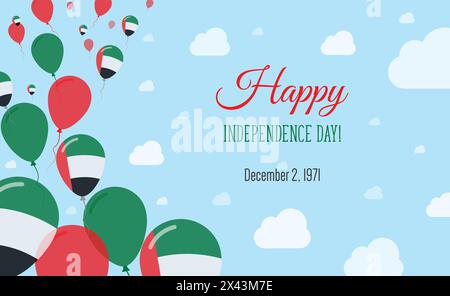 Affiche patriotique scintillante du jour de l'indépendance des Émirats arabes Unis. Rangée de ballons aux couleurs du drapeau émirien. Carte de voeux avec drapeaux nationaux, BL Illustration de Vecteur