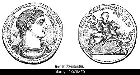 Pièce avec l'empereur Constantin le Grand, empereur romain de 306-337, Empire romain, Italie, illustration historique 1884 Banque D'Images