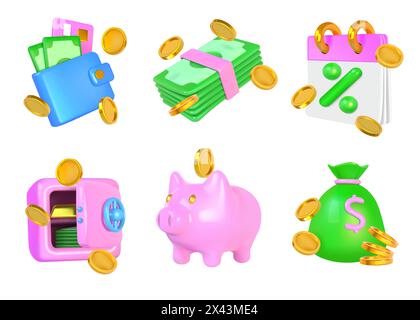 Argent 3D. Pièces d'or et billets de banque. Sac portefeuille. Tirelire. Carte de crédit et espèces. Coffre-fort pour des dollars. Gagnez au casino. Financer des économies. Investissement en devises. Calendrier des paiements. Jeu d'icônes de rendu financier vectoriel Illustration de Vecteur
