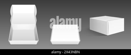 Maquette de boîte en carton blanche fermée et ouverte. Ensemble réaliste d'illustration vectorielle de paquet de carton rectangulaire vierge pour le concept de cadeau ou de livraison. Modèle de paquet de papier vide pour le marquage et la présentation. Illustration de Vecteur