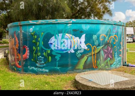 Water Tank Art par Scott Nagy et Krimsone, Woolooware, NSW, Australie Banque D'Images