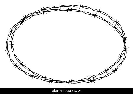 Anneau torsadé de fil barbelé y2k, tatouage de bordure ronde, cadre en acier texturé gothique, barrière ovale piquée, silhouette isolée sur fond blanc. Illustration vectorielle Illustration de Vecteur