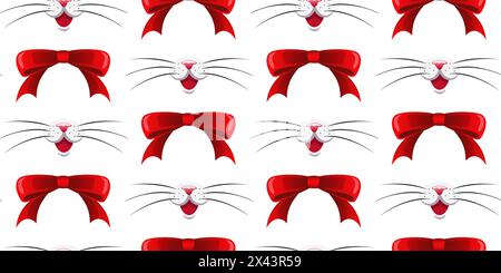 Arcs rouges et nez de chat rose avec de longues moustaches sur fond blanc. Motif sans couture avec rubans rouges et nez animal. Pour tissu, papier peint, wrap Illustration de Vecteur