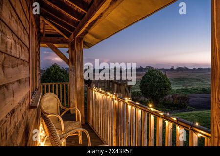 Lumières de fées magiques sur la véranda. Noël dans la maison East Sussex, Sud-est de l'Angleterre, Royaume-Uni Banque D'Images