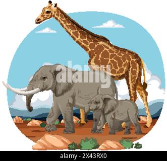 Girafe et éléphants dans un paysage africain naturel. Illustration de Vecteur