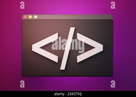 Balise html blanche 3D sur un dialogue de fenêtre d'ordinateur sur fond violet dégradé. Illustration du concept de codage, de développement de logiciels et de conception Web Banque D'Images