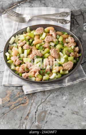 Salade de haricots beurre de céleri de thon avec oignons verts et câpres gros plan dans une assiette sur la table. Vertical Banque D'Images