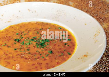 Gros plan de soupe épelée dans une assiette blanche. Banque D'Images