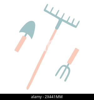 Icônes de pelle ou de bêche, de râteau et de fourche isolées sur fond blanc. Kit de conception d'outils de jardinage plat. Illustration vectorielle colorée de dessin animé, Backyar Illustration de Vecteur