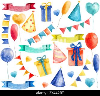 Ensemble de fête d'anniversaire, ballon, drapeau, guirlande, bannière, chapeau, coeurs, décoration, ensemble d'illustration Banque D'Images