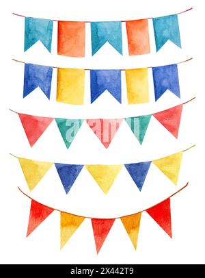 Fête d'anniversaire, drapeau, guirlande, coloré, illustration, décoration, bleu, orange, jaune, rouge, vert Banque D'Images