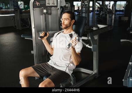 Un homme sportif en tenue active s'assoit sur un banc dans une salle de gym, faisant une pause entre les sets avec une expression concentrée. Banque D'Images