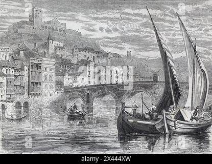 Une vue de Vérone au XIXe siècle. Bateaux sur la rivière Adige près du Ponte Pietra. Castel San Pietro en arrière-plan. Illustration tirée de Cassell's History of England, vol VII New Edition publiée vers 1873-1955. Banque D'Images