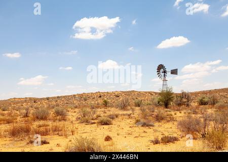 Moulin à vent agricole isolé dans un paysage aride de dunes rouges du Kalahari, Cap Nord, Afrique du Sud Banque D'Images