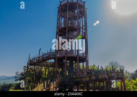 Tour d'observation en bois avec escalier sinueux au sommet de la montagne par jour ensoleillé avec ciel bleu en Corée du Sud Banque D'Images