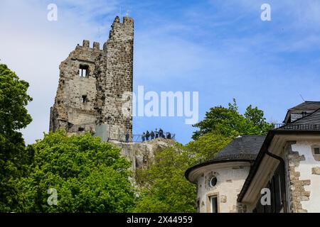 Ruines du château sur le Drachenfels, montagne dans le Siebengebirge au-dessus du Rhin entre Koenigswinter et Bad Honnef, Rhénanie du Nord-Westphalie, Allemagne Banque D'Images