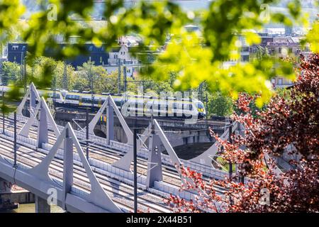 Pont de Neckar, un projet Stuttgart 21. Le pont ferroviaire traverse le Neckar à Bad Cannstatt. Le pont n'est pas encore en service. Le trafic roule Banque D'Images