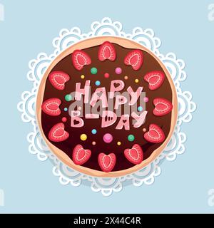 Gâteau d'anniversaire décoré avec vue sur le dessus des fraises. Gâteau joyeux anniversaire avec glaçage au chocolat décoré de lettres. Gâteau au chocolat de dessin animé sur une assiette Illustration de Vecteur