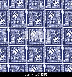 Motif d'effet imprimé japonais bleu Indigo. Conception vectorielle sans couture faite à la main pour le fond de batik de tissu et la répétition de mode fanée. Illustration de Vecteur